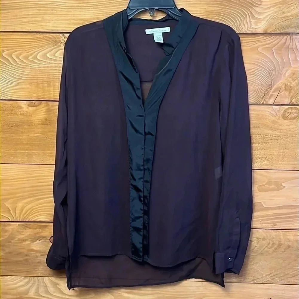 Kenneth Cole New York Womens Plum Purple Sheer Satin Trim Blouse M Goth Office